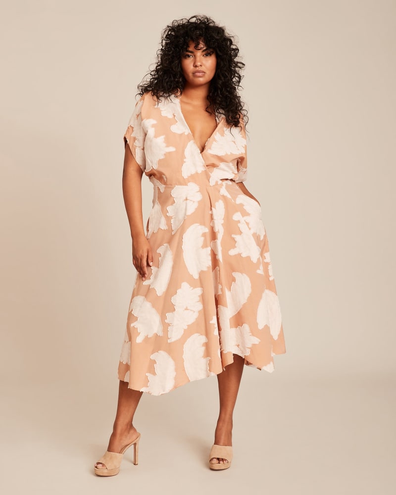 Front of a model wearing a size 18 Aki Wave Dress in NUDE by Zero + Maria Cornejo. | dia_product_style_image_id:227887
